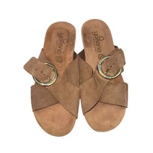 Yokono‎ Brown/Tan Suede Cork Crossover Strap Buckle Sandals Pre-Owned Womens 6.5